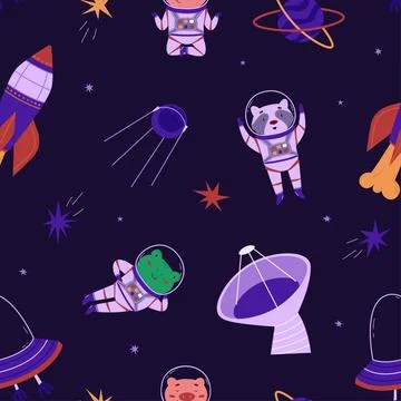 Cosmic seamless pattern with cute animals astronauts, rockets and alien ship. Stock Illustration