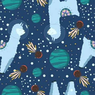 Cosmic seamless pattern, cute llamas or alpaca astronaut in space. Stock Illustration
