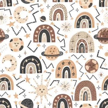Cosmic seamless pattern with cute rainbows and planets. Fantasy space background Stock Illustration