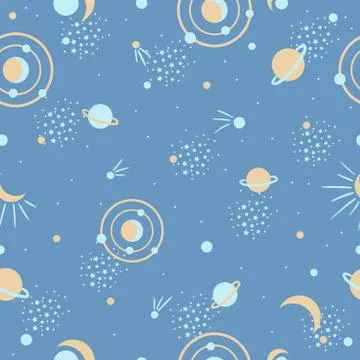 Cosmic seamless pattern with doodle planets, stars, comets. Stock Illustration