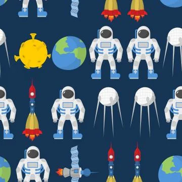 Cosmic seamless pattern. Earth and astronaut. Space rocket ship and satellite Illustrazione stock