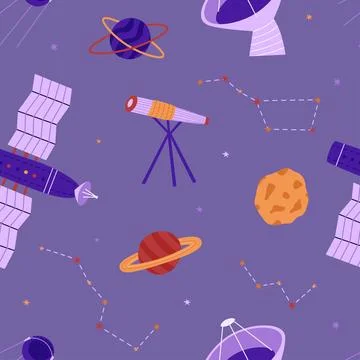 Cosmic seamless pattern with ISS satellite and telescopes. Planets, moon an.. Stock Illustration