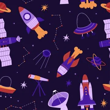 Cosmic seamless pattern with rockets, satellite and UFO. Stars, planets and c Stock Illustration
