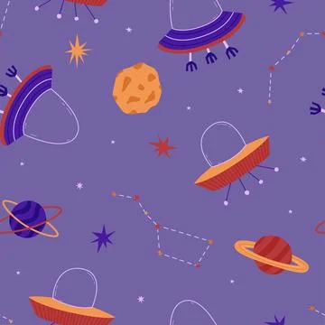 Cosmic seamless pattern with stars, moon and UFO. Vector illustration in a .. Stock Illustration