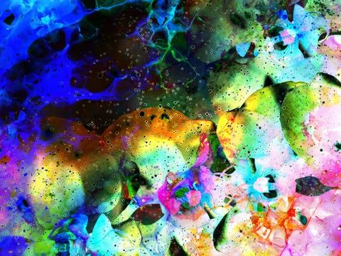Cosmic space with flower, color galaxy background, computer collage. Foto stock
