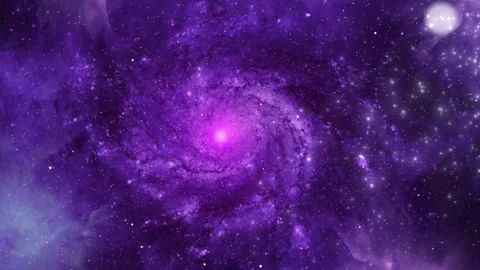 Cosmic spiral galaxy rotating in deep space with glowing purple nebula clouds Stock Footage 338241058