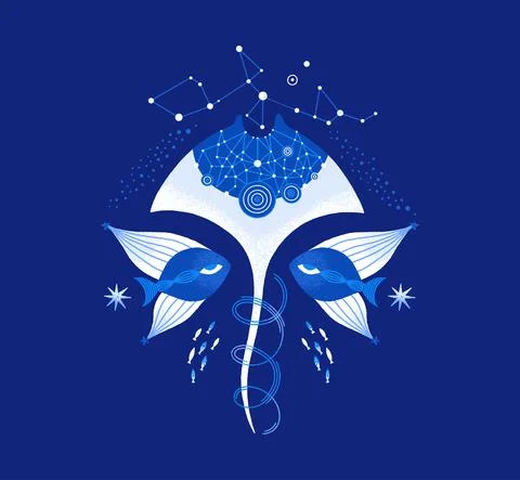 Cosmic stingray and fish. Magic underwater life. Space marine composition. Oc Stock Illustration