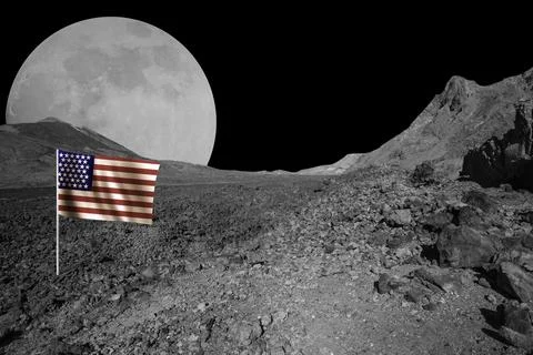 Cosmic surface of planet or asteroid landscape flag of USA. Elements of thi.. Stock Photos