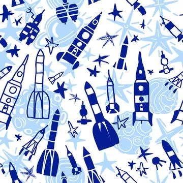 Cosmic vector doodle seamless pattern. Cartoon children illustration, funny c Stock Illustration