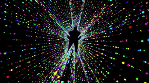 Cosmic  Vortex with Backward Flying Particles and Human Silhouette Loop Video stock 331535969