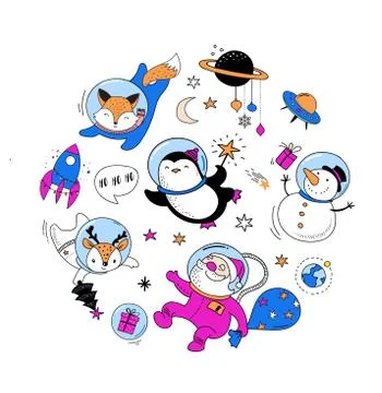 Cosmic Xmas design elements: Santa, Penguin, Deer, Fox and a space ship Stock Illustration