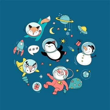 Cosmic Xmas design elements: Santa, Penguin, Deer, Fox and a space ship Stock Illustration