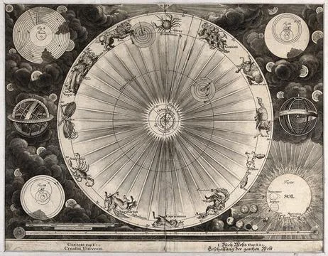A cosmological plan detailing Copernicus' astronomical vision, surrounded b.. Stock Illustration