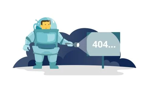 Cosmonaut with flashlight in space signboard 404 error. cute Illustration for Stock Illustration