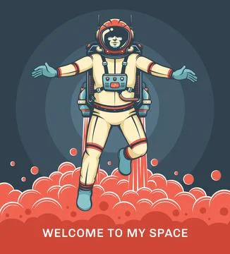 Cosmonaut with jetpack. Retro sci-fi poster Stock Illustration