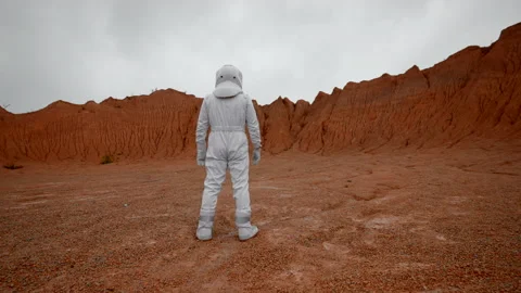 Cosmonaut in a white suit stands inside the crater and looks ahead. Stock Footage 220123411