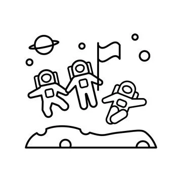 Cosmonauts in open space under planet icon. Simple line, outline vector elements Stock Illustration