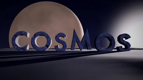 Cosmos 3D Stone Text on an Alien Plateau with a Rising Planet Stock Illustration