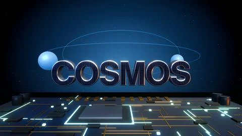 COSMOS 3D Text with Orbiting Planets on a Circuit Board Stock Illustration