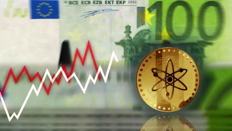 Cosmos ATOM cryptocurrency coin over 100 Euro banknotes loop Stock Footage 247327060