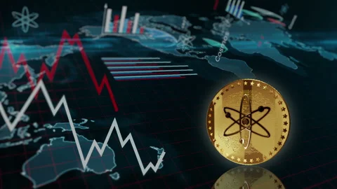 Cosmos ATOM cryptocurrency golden rotating coin on chart loop Stock Footage 247327235