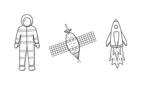 Cosmos doodle set of vector illustrations. Icons of space elements cartoon. I Stock Illustration