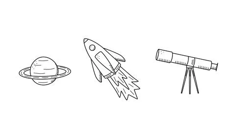 Cosmos doodle set of vector illustrations. Icons of space elements cartoon. I Stock Illustration