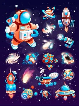 Cosmos elements of cartoon space game. Set on a space theme, including a rockets Illustrazione stock