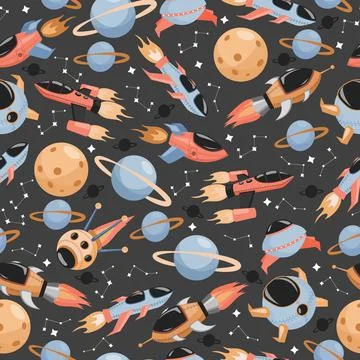 Cosmos exploring vector seamless pattern. Spaceships, constellations, rockets Stock Illustration