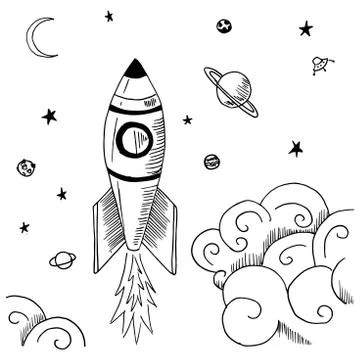 Cosmos. Hand-drawn rocket, planets and another doodle space objects. Black and Stock Illustration