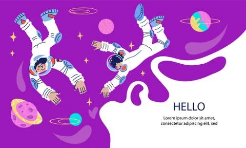 Cosmos outer space banner template with astronauts or spacemen characters Stock Illustration