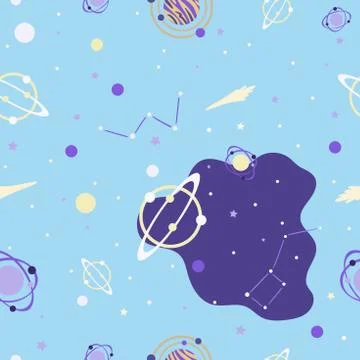 Cosmos seamless pattern with stars, planets, galaxy. Doodle style vector. Stock Illustration