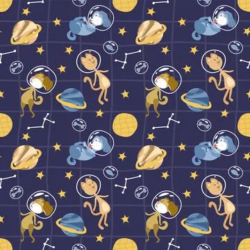 Cosmos seamless vector pattern. Cute cat and dog in space. Animal astronauts Stockillustratie
