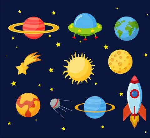 Cosmos set concept. Set on a space theme, including a transport, planets and  Stock Illustration