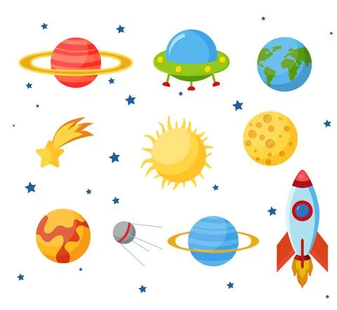 Cosmos set concept. Set on a space theme, including a transport, planets and  Stock Illustration
