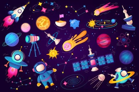 Cosmos set graphic elements in flat design. Bundle of cute astronaut, space.. Stock Illustration