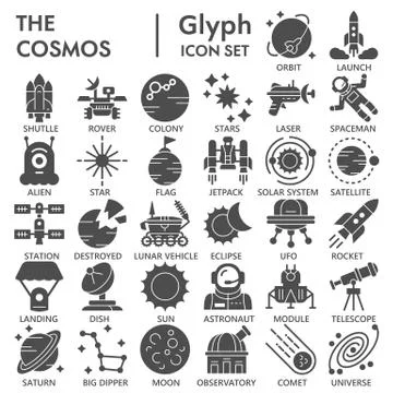 Cosmos solid icon set, universe symbols collection or sketches. Space glyph Ilustración de archivo