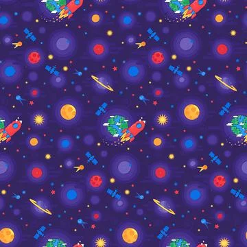 Cosmos space rocket flying seamless pattern vector Stock Illustration