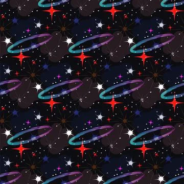 Cosmos space seamless pattern, stars shapes, clouds, galaxy spirals. Modern Stock Illustration
