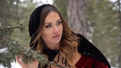 Cosplay model looking from behind the a in a winter forest Stock-Footage 125800020