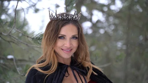 Cosplay model portrait in a winter forest, medieval costume, heavy snowfall Stock Footage 125795861