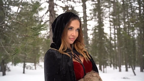 Cosplay model portrait in a winter forest, medieval costume, heavy snowfall Stock Footage 125795973