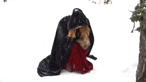 Cosplay model standing up from a knees in a winter forest Stock Footage 125796540
