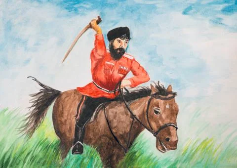 Cossack with a sword on a horse.  스톡 일러스트