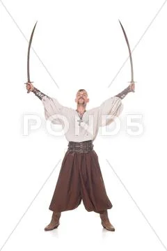 Cossack in trousers on white background with sabers Stock Photos
