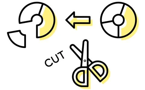 Cost-cutting, simple line-drawing icon with scissors to cut pie chart Stock Illustration