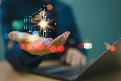 Cost efficient and quality control concept. Businessman with virtual quality  Stock Photos