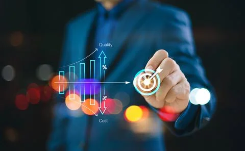 Cost efficient and quality control concept. Businessman with virtual quality  Stock Photos