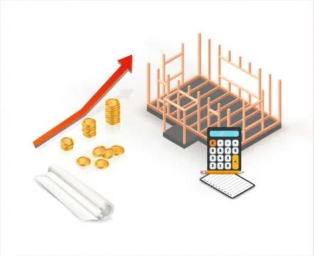 Cost estimation for building house with rolled blueprint plan and calculator. Stock Illustration