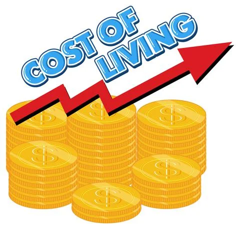 Cost of living word logo with stack of coins Stock Illustration